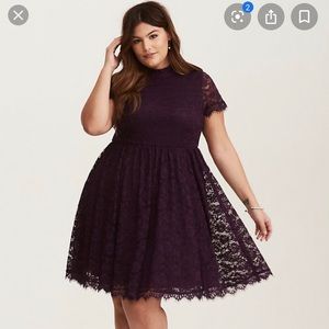 DEEP PURPLE HIGH NECK LACE SKATER DRESS